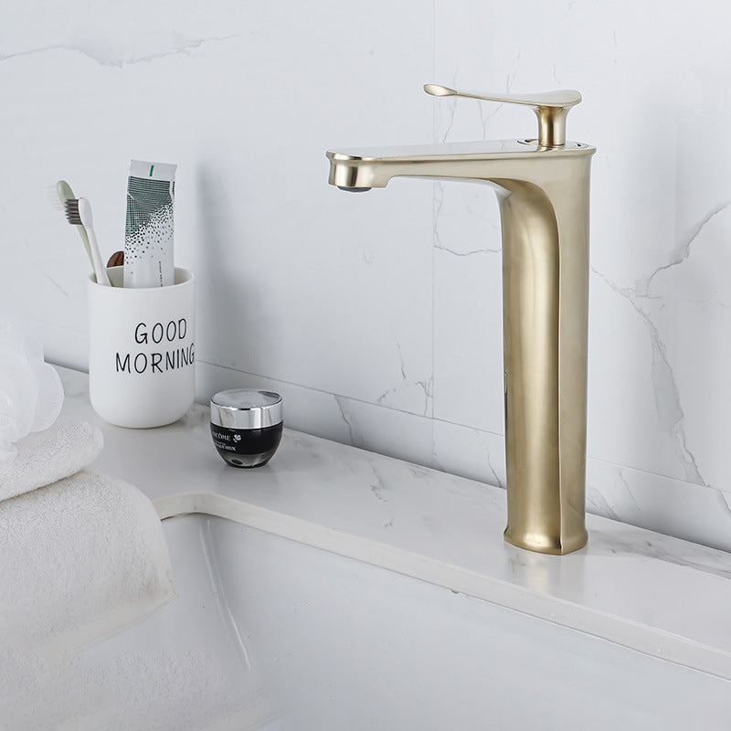 1 Handle Full Copper Bathroom Sink Faucet Nordic Modern Vanity Faucet with Drain Light Gold 12“ Clearhalo 'Bathroom Remodel & Bathroom Fixtures' 'Bathroom Sink Faucets' 'Bathroom Sinks & Faucet Components' 'bathroom_sink_faucets' 'Home Improvement' 'home_improvement' 'home_improvement_bathroom_sink_faucets' 6957432