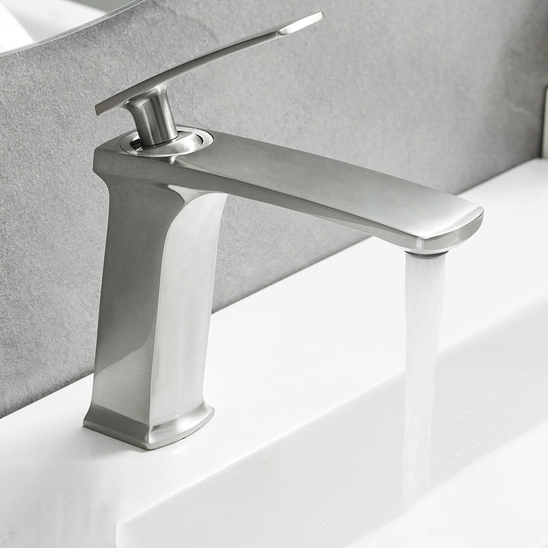 Full Brass 1 Handle Vessel Sink Bathroom Faucet Hot and Cold Water Faucet with Drain Satin Nickel 6.5" Clearhalo 'Bathroom Remodel & Bathroom Fixtures' 'Bathroom Sink Faucets' 'Bathroom Sinks & Faucet Components' 'bathroom_sink_faucets' 'Home Improvement' 'home_improvement' 'home_improvement_bathroom_sink_faucets' 6957441