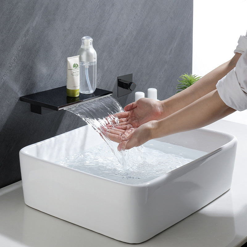 Wall Mounted 1 Handle Waterfall Faucet, Full Copper Hot and Cold Bathroom Basin Faucet Black Clearhalo 'Bathroom Remodel & Bathroom Fixtures' 'Bathroom Sink Faucets' 'Bathroom Sinks & Faucet Components' 'bathroom_sink_faucets' 'Home Improvement' 'home_improvement' 'home_improvement_bathroom_sink_faucets' 6957460