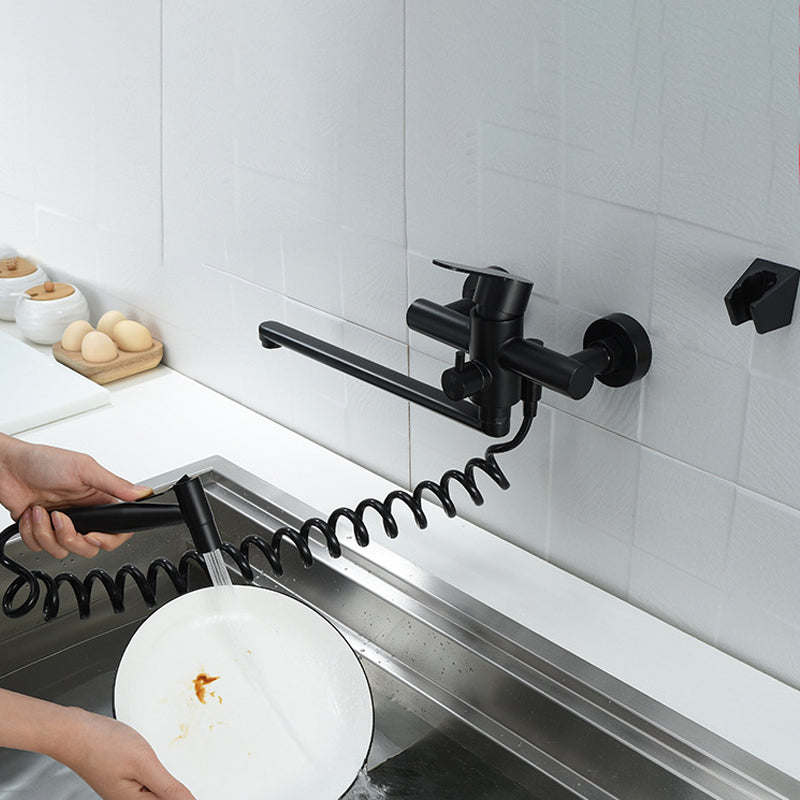 Low Profile Bridge-Style Kitchen Faucet 304 Stainless Steel Swivel Spout with Side Spray Black Clearhalo 'Home Improvement' 'home_improvement' 'home_improvement_kitchen_faucets' 'Kitchen Faucets' 'Kitchen Remodel & Kitchen Fixtures' 'Kitchen Sinks & Faucet Components' 'kitchen_faucets' 6957581
