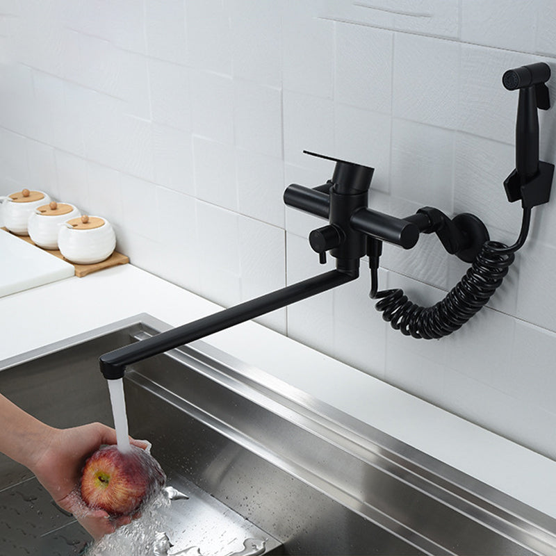Low Profile Bridge-Style Kitchen Faucet 304 Stainless Steel Swivel Spout with Side Spray Matte Black Clearhalo 'Home Improvement' 'home_improvement' 'home_improvement_kitchen_faucets' 'Kitchen Faucets' 'Kitchen Remodel & Kitchen Fixtures' 'Kitchen Sinks & Faucet Components' 'kitchen_faucets' 6957582