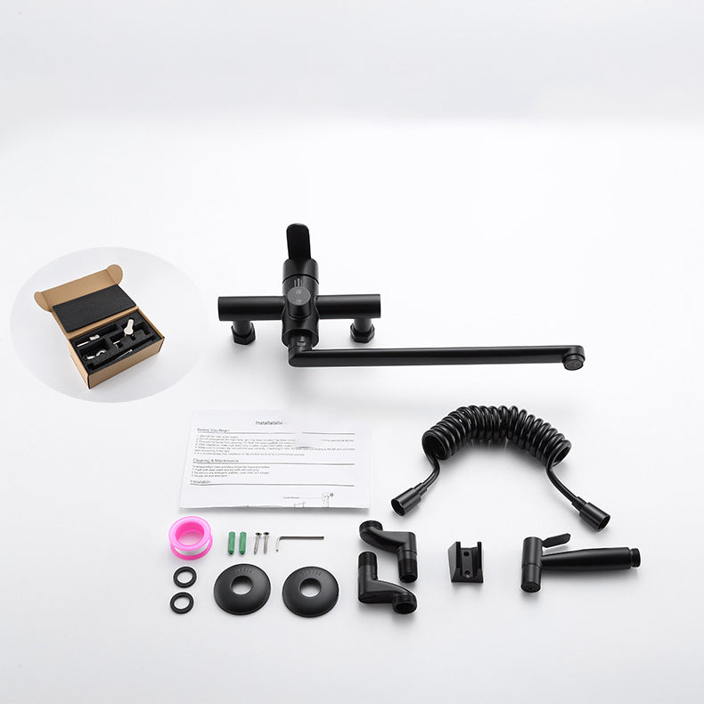 Low Profile Bridge-Style Kitchen Faucet 304 Stainless Steel Swivel Spout with Side Spray Clearhalo 'Home Improvement' 'home_improvement' 'home_improvement_kitchen_faucets' 'Kitchen Faucets' 'Kitchen Remodel & Kitchen Fixtures' 'Kitchen Sinks & Faucet Components' 'kitchen_faucets' 6957588