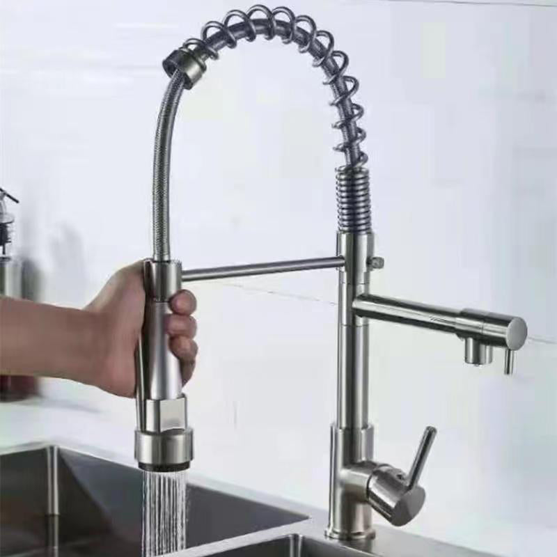 Modern Farmhouse Spring Spout Kitchen Sink Faucet Swivel Spout with Pull Down Sprayer Nickel Clearhalo 'Home Improvement' 'home_improvement' 'home_improvement_kitchen_faucets' 'Kitchen Faucets' 'Kitchen Remodel & Kitchen Fixtures' 'Kitchen Sinks & Faucet Components' 'kitchen_faucets' 6957605