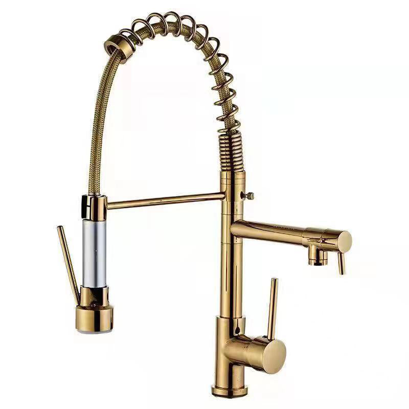 Modern Farmhouse Spring Spout Kitchen Sink Faucet Swivel Spout with Pull Down Sprayer Gold Clearhalo 'Home Improvement' 'home_improvement' 'home_improvement_kitchen_faucets' 'Kitchen Faucets' 'Kitchen Remodel & Kitchen Fixtures' 'Kitchen Sinks & Faucet Components' 'kitchen_faucets' 6957606