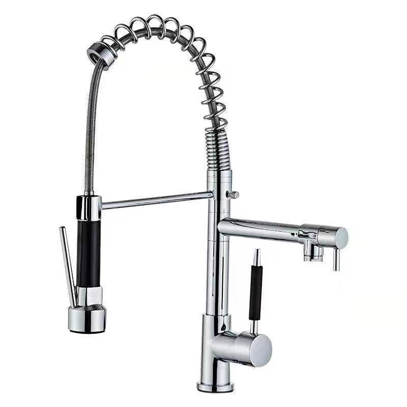 Modern Farmhouse Spring Spout Kitchen Sink Faucet Swivel Spout with Pull Down Sprayer Silver Clearhalo 'Home Improvement' 'home_improvement' 'home_improvement_kitchen_faucets' 'Kitchen Faucets' 'Kitchen Remodel & Kitchen Fixtures' 'Kitchen Sinks & Faucet Components' 'kitchen_faucets' 6957610