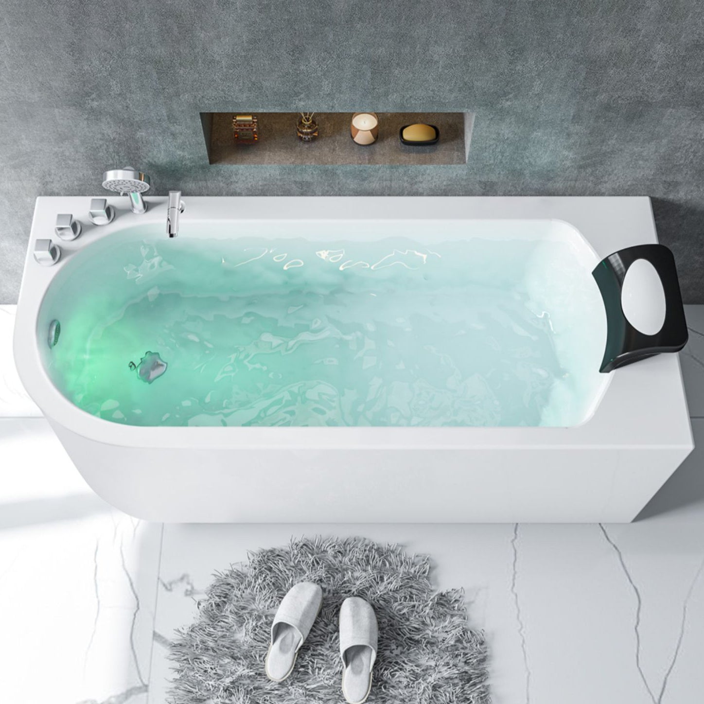 Acrylic Soaking Bathtub Antique Finish Rectangular Back to Wall Bath Tub 63"L x 29.5"W x 24"H Left Tub with Silver 5-Piece Set Clearhalo 'Bathroom Remodel & Bathroom Fixtures' 'Bathtubs' 'Home Improvement' 'home_improvement' 'home_improvement_bathtubs' 'Showers & Bathtubs' 6963475