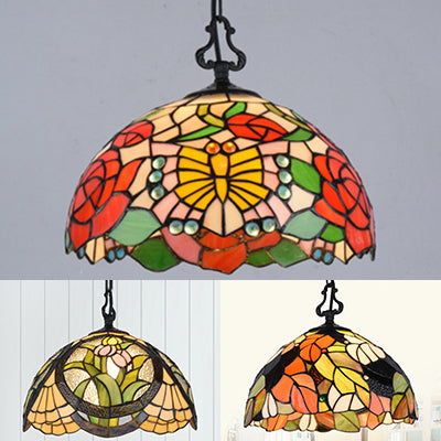 Tiffany Shell/Leaf/Butterfly Suspension Lamp Stained Glass 1 Bulb Hanging Ceiling Light in Black for Dining Room Clearhalo 'Ceiling Lights' 'Industrial' 'Middle Century Pendants' 'Pendant Lights' 'Pendants' 'Tiffany close to ceiling' 'Tiffany Pendants' 'Tiffany' Lighting' 69646