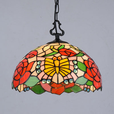 Tiffany Shell/Leaf/Butterfly Suspension Lamp Stained Glass 1 Bulb Hanging Ceiling Light in Black for Dining Room Clearhalo 'Ceiling Lights' 'Industrial' 'Middle Century Pendants' 'Pendant Lights' 'Pendants' 'Tiffany close to ceiling' 'Tiffany Pendants' 'Tiffany' Lighting' 69647