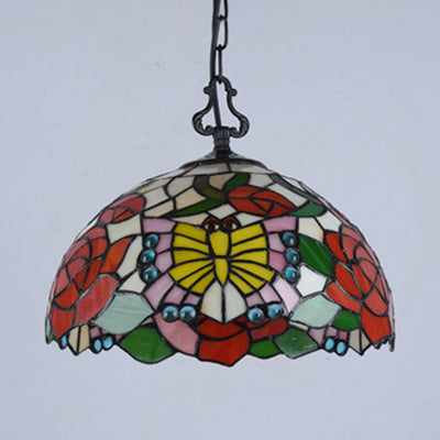 Tiffany Shell/Leaf/Butterfly Suspension Lamp Stained Glass 1 Bulb Hanging Ceiling Light in Black for Dining Room Clearhalo 'Ceiling Lights' 'Industrial' 'Middle Century Pendants' 'Pendant Lights' 'Pendants' 'Tiffany close to ceiling' 'Tiffany Pendants' 'Tiffany' Lighting' 69648