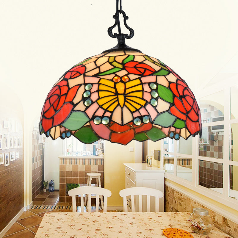 Tiffany Shell/Leaf/Butterfly Suspension Lamp Stained Glass 1 Bulb Hanging Ceiling Light in Black for Dining Room Black Butterfly Clearhalo 'Ceiling Lights' 'Industrial' 'Middle Century Pendants' 'Pendant Lights' 'Pendants' 'Tiffany close to ceiling' 'Tiffany Pendants' 'Tiffany' Lighting' 69649
