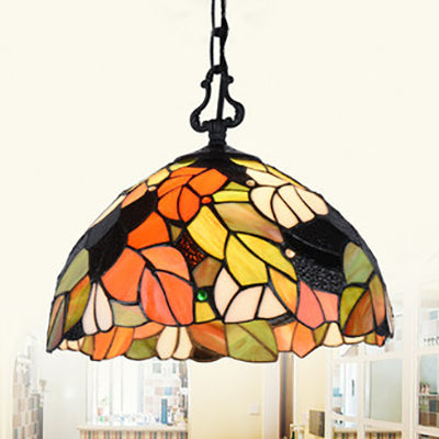 Tiffany Shell/Leaf/Butterfly Suspension Lamp Stained Glass 1 Bulb Hanging Ceiling Light in Black for Dining Room Black Leaf Clearhalo 'Ceiling Lights' 'Industrial' 'Middle Century Pendants' 'Pendant Lights' 'Pendants' 'Tiffany close to ceiling' 'Tiffany Pendants' 'Tiffany' Lighting' 69651