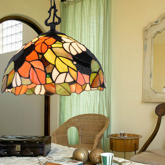 Tiffany Shell/Leaf/Butterfly Suspension Lamp Stained Glass 1 Bulb Hanging Ceiling Light in Black for Dining Room Clearhalo 'Ceiling Lights' 'Industrial' 'Middle Century Pendants' 'Pendant Lights' 'Pendants' 'Tiffany close to ceiling' 'Tiffany Pendants' 'Tiffany' Lighting' 69653