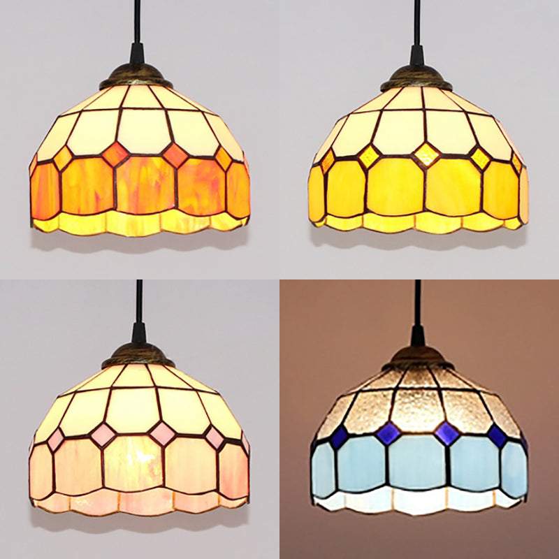 Hemisphere Pendant Light 1 Bulb Pink/Blue/Orange Stained Glass Tiffany-Style Ceiling Suspension Lamp Clearhalo 'Ceiling Lights' 'Industrial' 'Middle Century Pendants' 'Pendant Lights' 'Pendants' 'Tiffany close to ceiling' 'Tiffany Pendants' 'Tiffany' Lighting' 69656