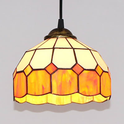 Hemisphere Pendant Light 1 Bulb Pink/Blue/Orange Stained Glass Tiffany-Style Ceiling Suspension Lamp Orange Clearhalo 'Ceiling Lights' 'Industrial' 'Middle Century Pendants' 'Pendant Lights' 'Pendants' 'Tiffany close to ceiling' 'Tiffany Pendants' 'Tiffany' Lighting' 69657