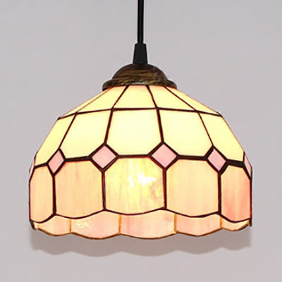 Hemisphere Pendant Light 1 Bulb Pink/Blue/Orange Stained Glass Tiffany-Style Ceiling Suspension Lamp Pink Clearhalo 'Ceiling Lights' 'Industrial' 'Middle Century Pendants' 'Pendant Lights' 'Pendants' 'Tiffany close to ceiling' 'Tiffany Pendants' 'Tiffany' Lighting' 69661