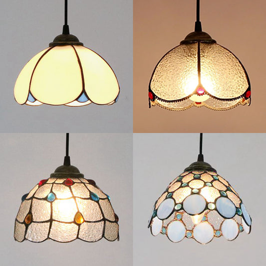Wide Flare White/Blue/Textured White Handcrafted Art Glass Ceiling Light Tiffany-Style 1 Head Suspended Lighting Fixture Clearhalo 'Ceiling Lights' 'Industrial' 'Middle Century Pendants' 'Pendant Lights' 'Pendants' 'Tiffany close to ceiling' 'Tiffany Pendants' 'Tiffany' Lighting' 69664
