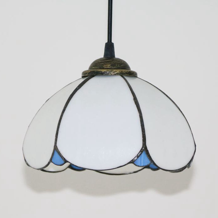 Wide Flare White/Blue/Textured White Handcrafted Art Glass Ceiling Light Tiffany-Style 1 Head Suspended Lighting Fixture Clearhalo 'Ceiling Lights' 'Industrial' 'Middle Century Pendants' 'Pendant Lights' 'Pendants' 'Tiffany close to ceiling' 'Tiffany Pendants' 'Tiffany' Lighting' 69666