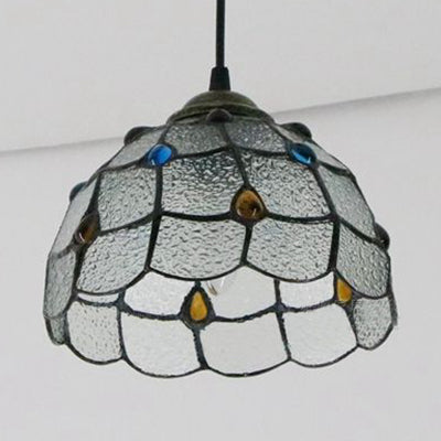 Wide Flare White/Blue/Textured White Handcrafted Art Glass Ceiling Light Tiffany-Style 1 Head Suspended Lighting Fixture Clearhalo 'Ceiling Lights' 'Industrial' 'Middle Century Pendants' 'Pendant Lights' 'Pendants' 'Tiffany close to ceiling' 'Tiffany Pendants' 'Tiffany' Lighting' 69669