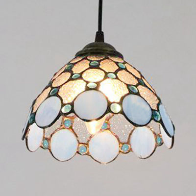 Wide Flare White/Blue/Textured White Handcrafted Art Glass Ceiling Light Tiffany-Style 1 Head Suspended Lighting Fixture Blue Clearhalo 'Ceiling Lights' 'Industrial' 'Middle Century Pendants' 'Pendant Lights' 'Pendants' 'Tiffany close to ceiling' 'Tiffany Pendants' 'Tiffany' Lighting' 69670