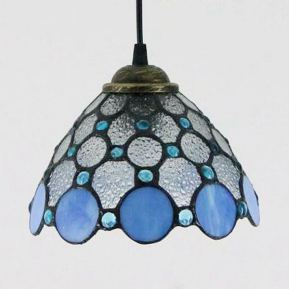 Wide Flare White/Blue/Textured White Handcrafted Art Glass Ceiling Light Tiffany-Style 1 Head Suspended Lighting Fixture Clearhalo 'Ceiling Lights' 'Industrial' 'Middle Century Pendants' 'Pendant Lights' 'Pendants' 'Tiffany close to ceiling' 'Tiffany Pendants' 'Tiffany' Lighting' 69671