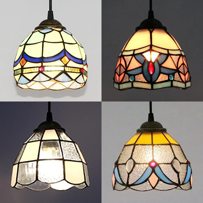 Mini Bowl Pendant Light Stained Glass Tiffany Single Hanging Lamp in Black Finish Clearhalo 'Ceiling Lights' 'Industrial' 'Middle Century Pendants' 'Pendant Lights' 'Pendants' 'Tiffany close to ceiling' 'Tiffany Pendants' 'Tiffany' Lighting' 69677