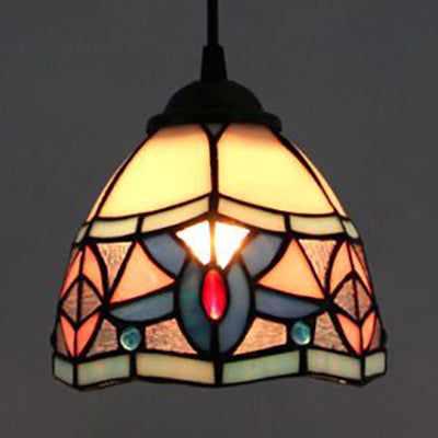 Mini Bowl Pendant Light Stained Glass Tiffany Single Hanging Lamp in Black Finish Black Magnolia Clearhalo 'Ceiling Lights' 'Industrial' 'Middle Century Pendants' 'Pendant Lights' 'Pendants' 'Tiffany close to ceiling' 'Tiffany Pendants' 'Tiffany' Lighting' 69680
