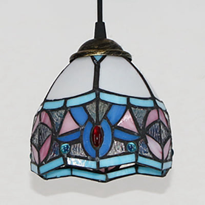 Mini Bowl Pendant Light Stained Glass Tiffany Single Hanging Lamp in Black Finish Clearhalo 'Ceiling Lights' 'Industrial' 'Middle Century Pendants' 'Pendant Lights' 'Pendants' 'Tiffany close to ceiling' 'Tiffany Pendants' 'Tiffany' Lighting' 69681