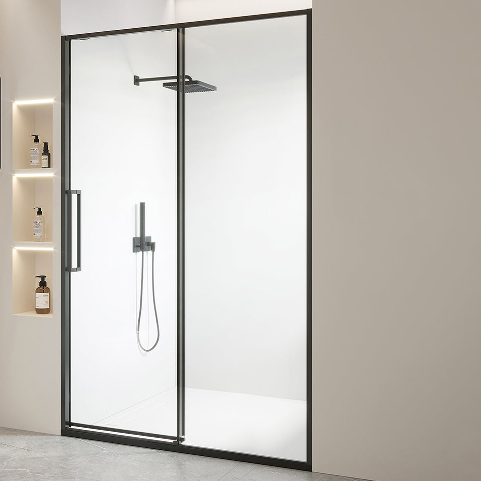 Black and Silver Shower Bath Door Framed Double Sliding Shower Bath Door Clearhalo 'Bathroom Remodel & Bathroom Fixtures' 'Home Improvement' 'home_improvement' 'home_improvement_shower_tub_doors' 'Shower and Tub Doors' 'shower_tub_doors' 'Showers & Bathtubs' 6968317