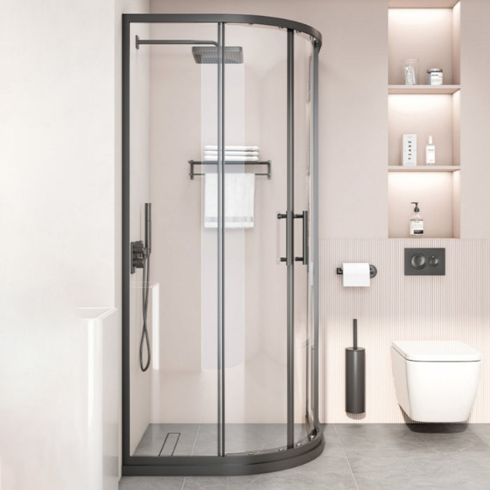 Black Full Frame Curved Tempered Glass Double Slide Shower Door Clearhalo 'Bathroom Remodel & Bathroom Fixtures' 'Home Improvement' 'home_improvement' 'home_improvement_shower_tub_doors' 'Shower and Tub Doors' 'shower_tub_doors' 'Showers & Bathtubs' 6968399