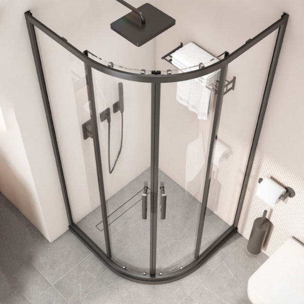 Black Full Frame Curved Tempered Glass Double Slide Shower Door Clearhalo 'Bathroom Remodel & Bathroom Fixtures' 'Home Improvement' 'home_improvement' 'home_improvement_shower_tub_doors' 'Shower and Tub Doors' 'shower_tub_doors' 'Showers & Bathtubs' 6968400