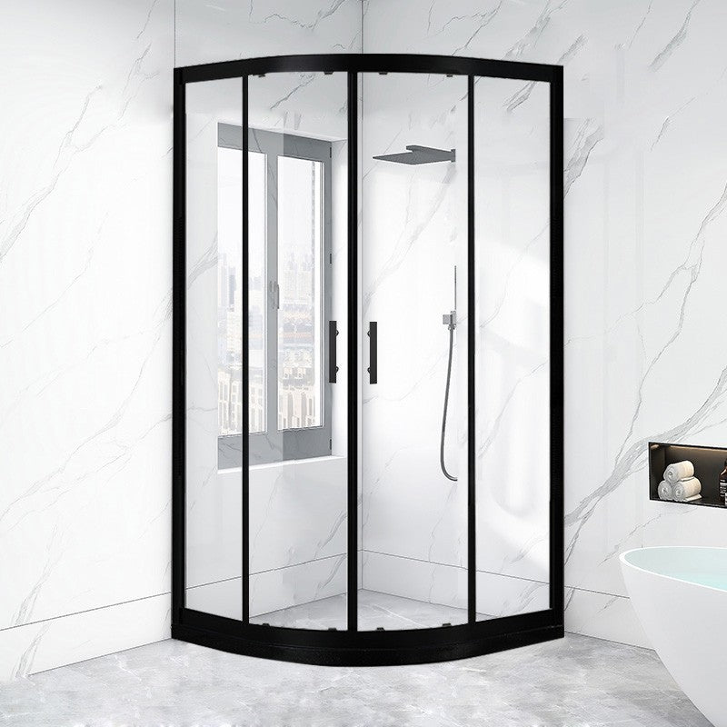 Black Full Frame Curved Tempered Glass Double Slide Shower Door Clearhalo 'Bathroom Remodel & Bathroom Fixtures' 'Home Improvement' 'home_improvement' 'home_improvement_shower_tub_doors' 'Shower and Tub Doors' 'shower_tub_doors' 'Showers & Bathtubs' 6968401