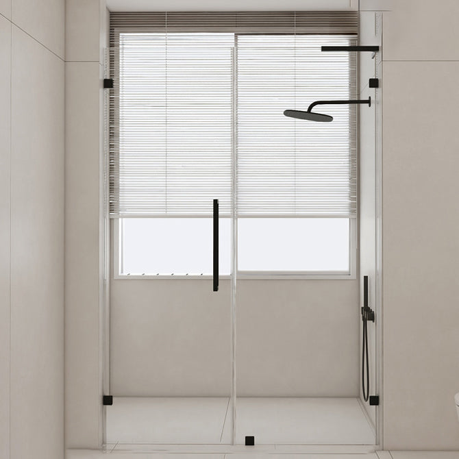 Hinged Frameless Tempered Glass Shower Door, One-line Shower Door Black Left Clearhalo 'Bathroom Remodel & Bathroom Fixtures' 'Home Improvement' 'home_improvement' 'home_improvement_shower_tub_doors' 'Shower and Tub Doors' 'shower_tub_doors' 'Showers & Bathtubs' 6968485