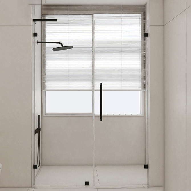 Hinged Frameless Tempered Glass Shower Door, One-line Shower Door Black Right Clearhalo 'Bathroom Remodel & Bathroom Fixtures' 'Home Improvement' 'home_improvement' 'home_improvement_shower_tub_doors' 'Shower and Tub Doors' 'shower_tub_doors' 'Showers & Bathtubs' 6968487