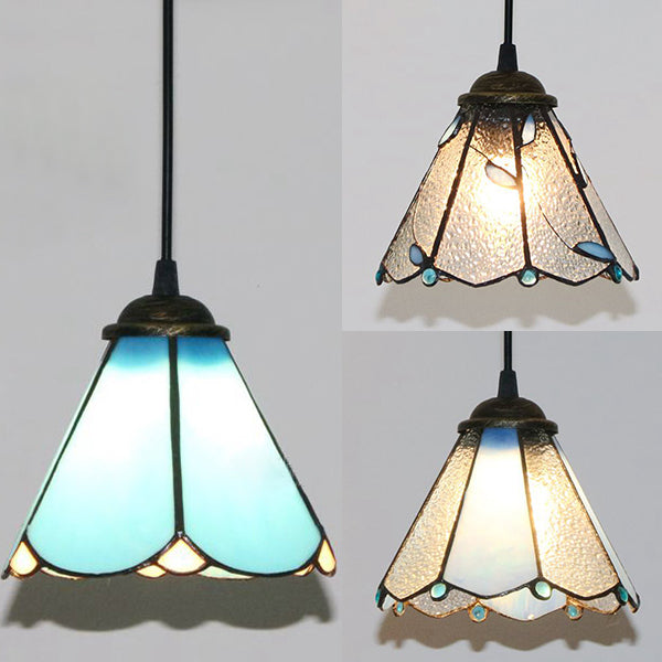 Tiffany Conical Hanging Light 1 Bulb Blue/Clear/Blue-Clear Cut Glass Ceiling Suspension Lamp for Dining Room Clearhalo 'Ceiling Lights' 'Close To Ceiling Lights' 'Industrial' 'Middle Century Pendants' 'Pendant Lights' 'Pendants' 'Tiffany close to ceiling' 'Tiffany Pendants' 'Tiffany' Lighting' 69685