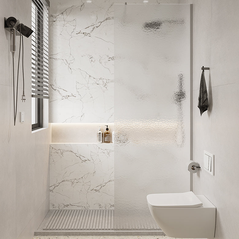 Minimalist Fixed Semi-partition Water Ripple Glass Shower Screen Clearhalo 'Bathroom Remodel & Bathroom Fixtures' 'Home Improvement' 'home_improvement' 'home_improvement_shower_tub_doors' 'Shower and Tub Doors' 'shower_tub_doors' 'Showers & Bathtubs' 6968522
