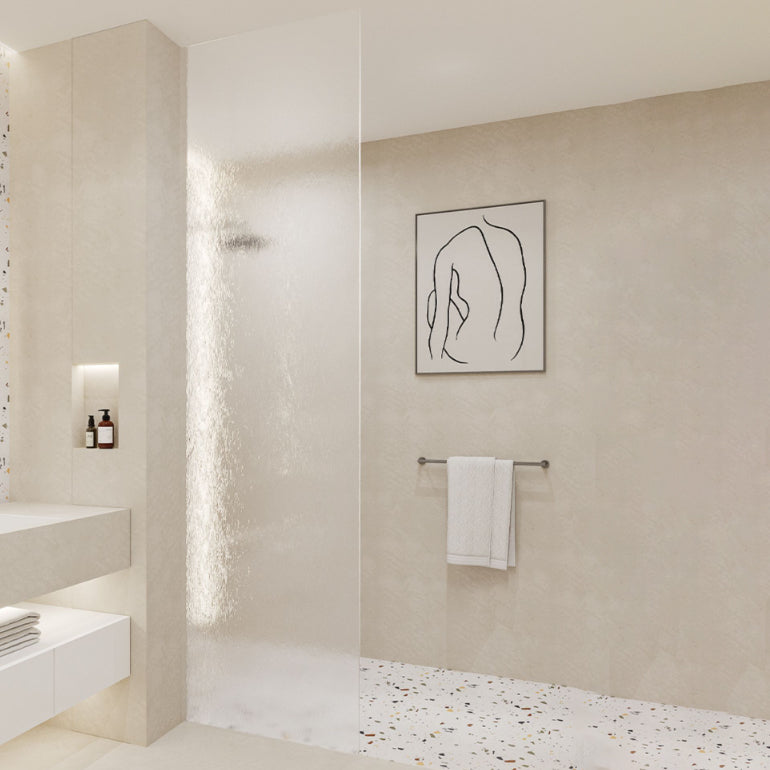Minimalist Fixed Semi-partition Water Ripple Glass Shower Screen Clearhalo 'Bathroom Remodel & Bathroom Fixtures' 'Home Improvement' 'home_improvement' 'home_improvement_shower_tub_doors' 'Shower and Tub Doors' 'shower_tub_doors' 'Showers & Bathtubs' 6968524