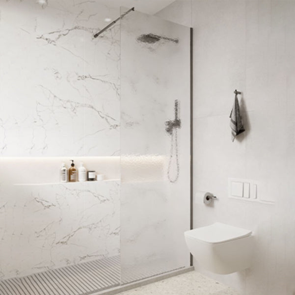 Minimalist Fixed Semi-partition Water Ripple Glass Shower Screen Black Clearhalo 'Bathroom Remodel & Bathroom Fixtures' 'Home Improvement' 'home_improvement' 'home_improvement_shower_tub_doors' 'Shower and Tub Doors' 'shower_tub_doors' 'Showers & Bathtubs' 6968530