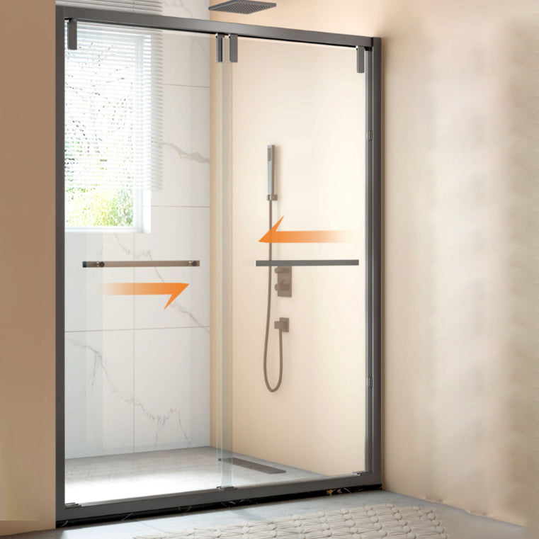 Tempered Glass Shower Door with Stone Base, Dual Moving Semi Frameless Shower Bath Door Black Clearhalo 'Bathroom Remodel & Bathroom Fixtures' 'Home Improvement' 'home_improvement' 'home_improvement_shower_tub_doors' 'Shower and Tub Doors' 'shower_tub_doors' 'Showers & Bathtubs' 6968588