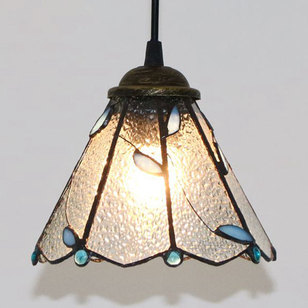Tiffany Conical Hanging Light 1 Bulb Blue/Clear/Blue-Clear Cut Glass Ceiling Suspension Lamp for Dining Room Clearhalo 'Ceiling Lights' 'Close To Ceiling Lights' 'Industrial' 'Middle Century Pendants' 'Pendant Lights' 'Pendants' 'Tiffany close to ceiling' 'Tiffany Pendants' 'Tiffany' Lighting' 69686