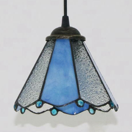 Tiffany Conical Hanging Light 1 Bulb Blue/Clear/Blue-Clear Cut Glass Ceiling Suspension Lamp for Dining Room Blue-Clear Clearhalo 'Ceiling Lights' 'Close To Ceiling Lights' 'Industrial' 'Middle Century Pendants' 'Pendant Lights' 'Pendants' 'Tiffany close to ceiling' 'Tiffany Pendants' 'Tiffany' Lighting' 69689