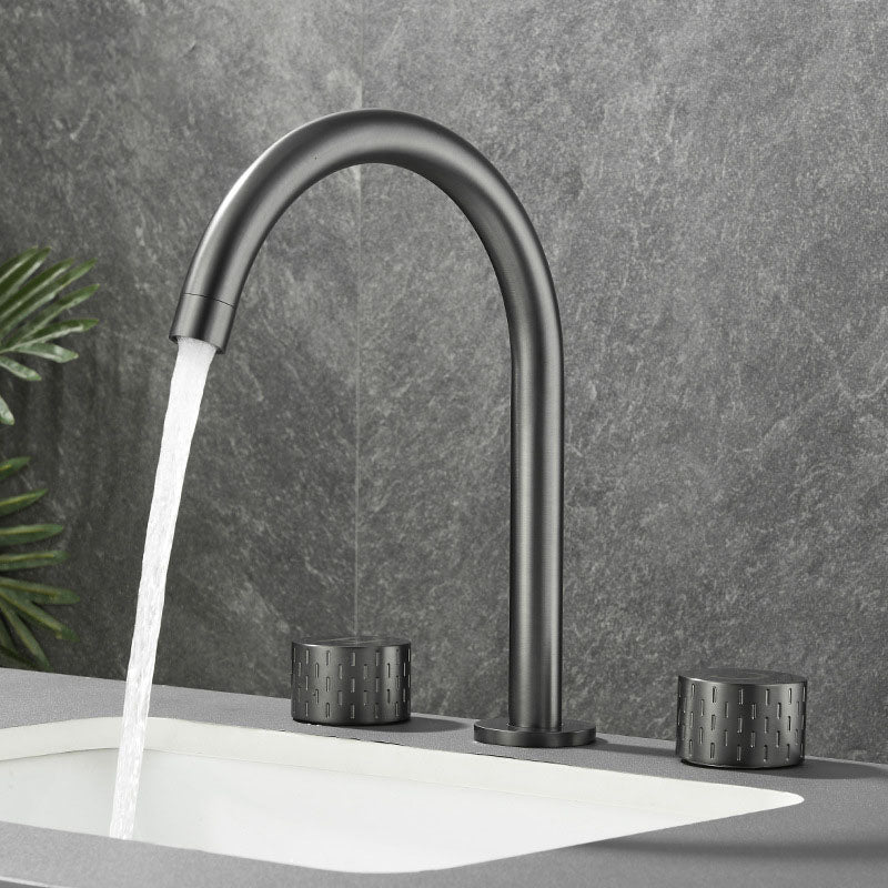 Double Handle Tub Filler Deck Mounted High Arc Brass Modern Roman Tub Filler Grey Gooseneck Lever Handles Clearhalo 'Bathroom Remodel & Bathroom Fixtures' 'Bathtub Faucets' 'bathtub_faucets' 'Home Improvement' 'home_improvement' 'home_improvement_bathtub_faucets' 6970210