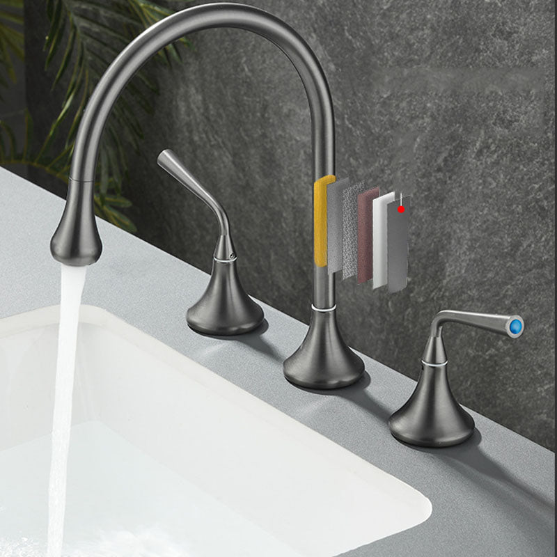 Double Handle Tub Filler Deck Mounted High Arc Brass Modern Roman Tub Filler Clearhalo 'Bathroom Remodel & Bathroom Fixtures' 'Bathtub Faucets' 'bathtub_faucets' 'Home Improvement' 'home_improvement' 'home_improvement_bathtub_faucets' 6970221