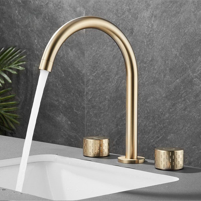 Double Handle Tub Filler Deck Mounted High Arc Brass Modern Roman Tub Filler Gold Gooseneck Lever Handles Clearhalo 'Bathroom Remodel & Bathroom Fixtures' 'Bathtub Faucets' 'bathtub_faucets' 'Home Improvement' 'home_improvement' 'home_improvement_bathtub_faucets' 6970222