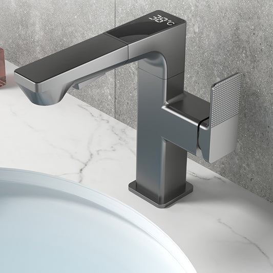 Modern Lever Handles Sink Faucet With Digital Display Square Brass Bathroom Sink Faucet Clearhalo 'Bathroom Remodel & Bathroom Fixtures' 'Bathroom Sink Faucets' 'Bathroom Sinks & Faucet Components' 'bathroom_sink_faucets' 'Home Improvement' 'home_improvement' 'home_improvement_bathroom_sink_faucets' 6976495