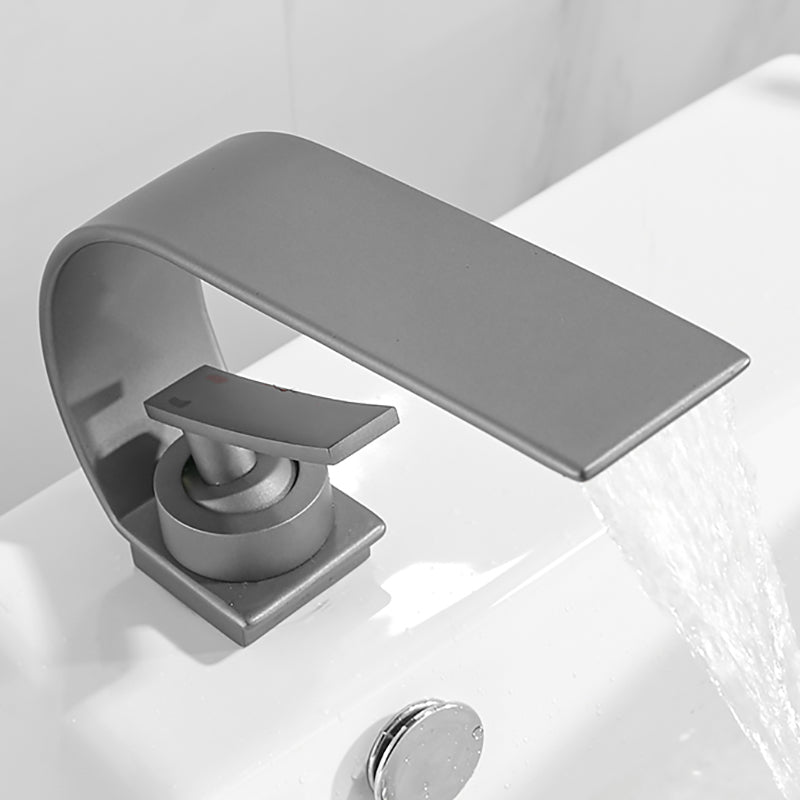Waterfall Spout Widespread Lavatory Faucet Modern Metal Widespread Sink Faucet Grey 5.1" Clearhalo 'Bathroom Remodel & Bathroom Fixtures' 'Bathroom Sink Faucets' 'Bathroom Sinks & Faucet Components' 'bathroom_sink_faucets' 'Home Improvement' 'home_improvement' 'home_improvement_bathroom_sink_faucets' 6976541
