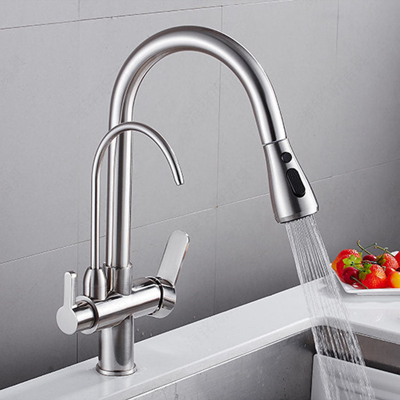 1 Hole Kitchen Faucets Metal Pulldown Sprayer Kitchen Faucet with Double Handles Silver Clearhalo 'Home Improvement' 'home_improvement' 'home_improvement_kitchen_faucets' 'Kitchen Faucets' 'Kitchen Remodel & Kitchen Fixtures' 'Kitchen Sinks & Faucet Components' 'kitchen_faucets' 6976609