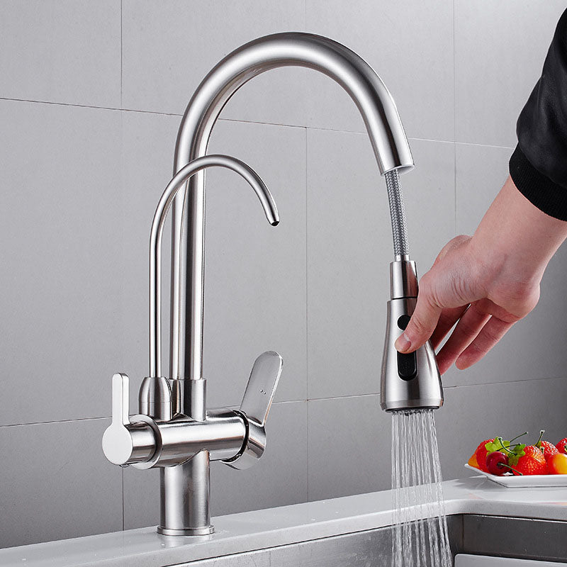 1 Hole Kitchen Faucets Metal Pulldown Sprayer Kitchen Faucet with Double Handles Clearhalo 'Home Improvement' 'home_improvement' 'home_improvement_kitchen_faucets' 'Kitchen Faucets' 'Kitchen Remodel & Kitchen Fixtures' 'Kitchen Sinks & Faucet Components' 'kitchen_faucets' 6976610