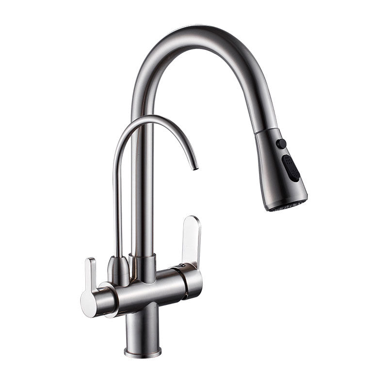 1 Hole Kitchen Faucets Metal Pulldown Sprayer Kitchen Faucet with Double Handles Clearhalo 'Home Improvement' 'home_improvement' 'home_improvement_kitchen_faucets' 'Kitchen Faucets' 'Kitchen Remodel & Kitchen Fixtures' 'Kitchen Sinks & Faucet Components' 'kitchen_faucets' 6976613