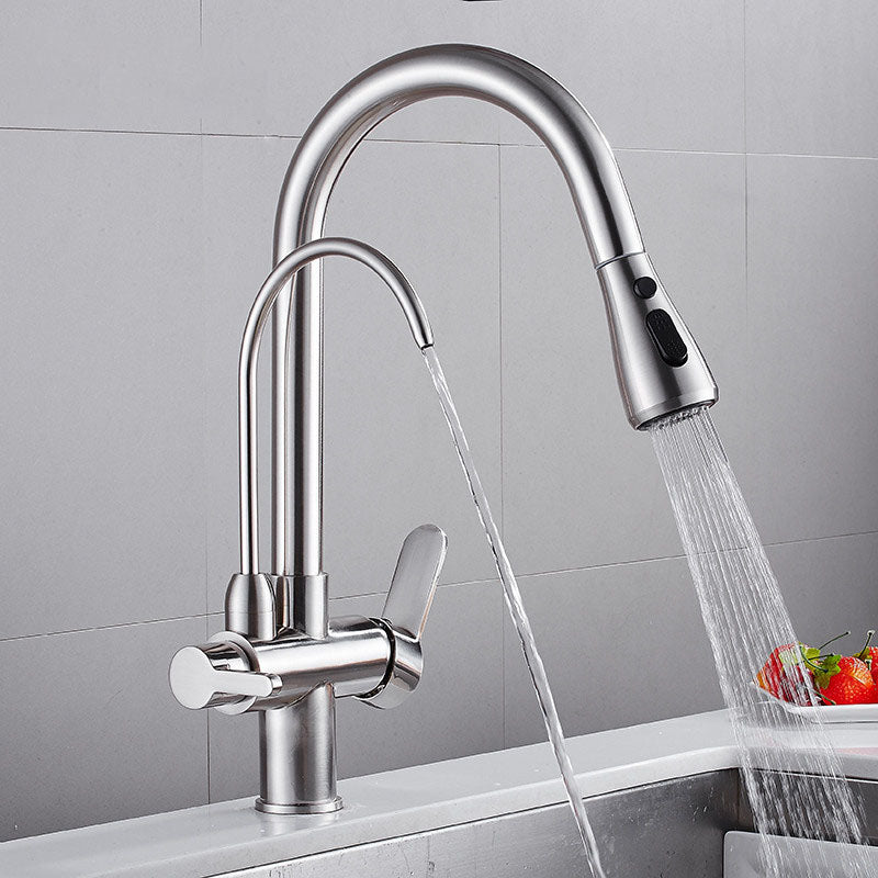 1 Hole Kitchen Faucets Metal Pulldown Sprayer Kitchen Faucet with Double Handles Clearhalo 'Home Improvement' 'home_improvement' 'home_improvement_kitchen_faucets' 'Kitchen Faucets' 'Kitchen Remodel & Kitchen Fixtures' 'Kitchen Sinks & Faucet Components' 'kitchen_faucets' 6976614