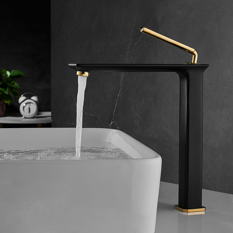 Modern Basin Lavatory Faucet Single Handle Low Arc Bathroom Faucet Black-Gold 11" Clearhalo 'Bathroom Remodel & Bathroom Fixtures' 'Bathroom Sink Faucets' 'Bathroom Sinks & Faucet Components' 'bathroom_sink_faucets' 'Home Improvement' 'home_improvement' 'home_improvement_bathroom_sink_faucets' 6977727